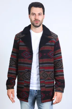 Mens Ethnic Aztec Long Twill Black/Red Coat