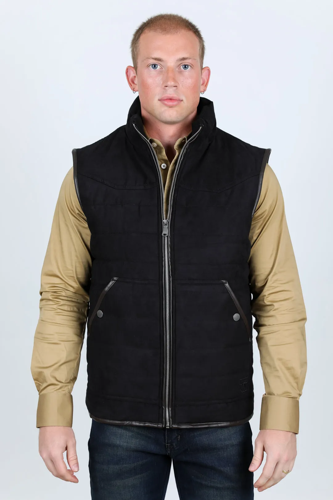 Men's Fur Lined Quilted Faux Suede Vest - Black