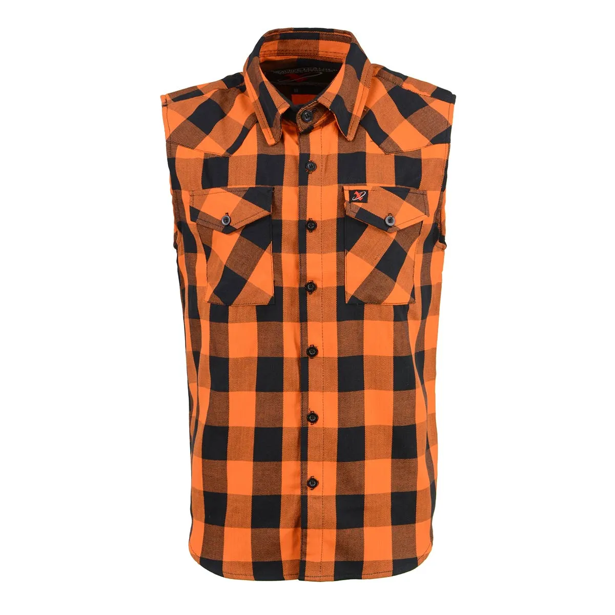 Milwaukee Leather MPM1655 Men’s Classic Black and Orange Button-Down Flannel Cut Off Sleeveless Casual Shirt