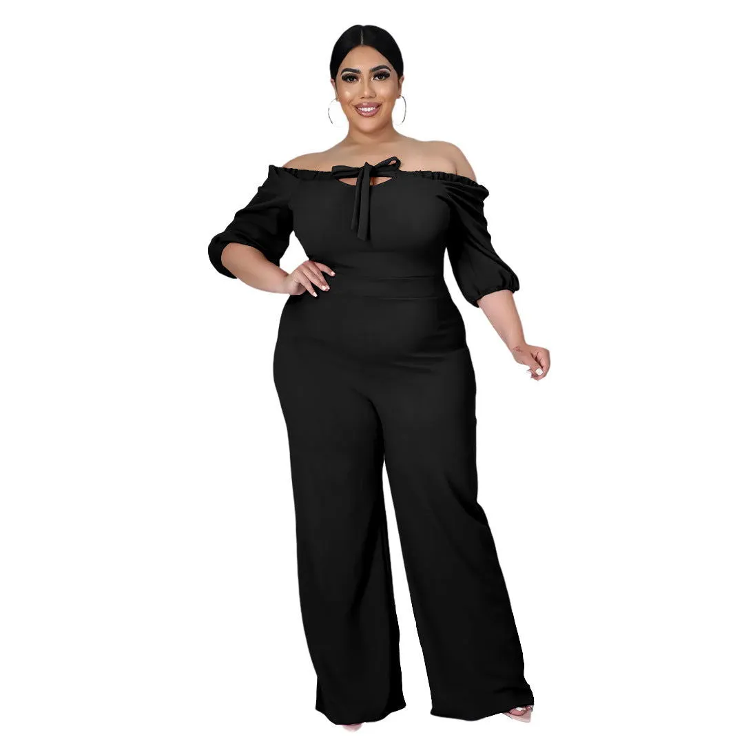 Off-Shoulder Tie Strap Wide-Leg Plus Size Jumpsuits