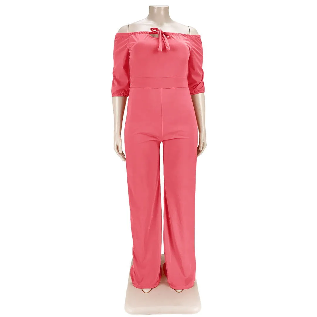 Off-Shoulder Tie Strap Wide-Leg Plus Size Jumpsuits