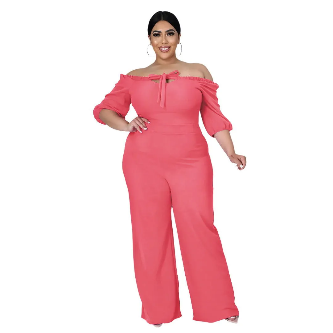 Off-Shoulder Tie Strap Wide-Leg Plus Size Jumpsuits