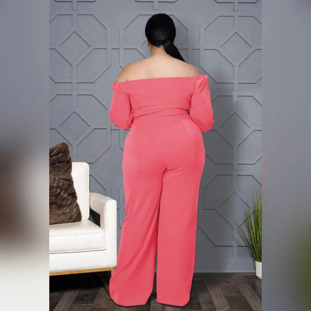 Off-Shoulder Tie Strap Wide-Leg Plus Size Jumpsuits