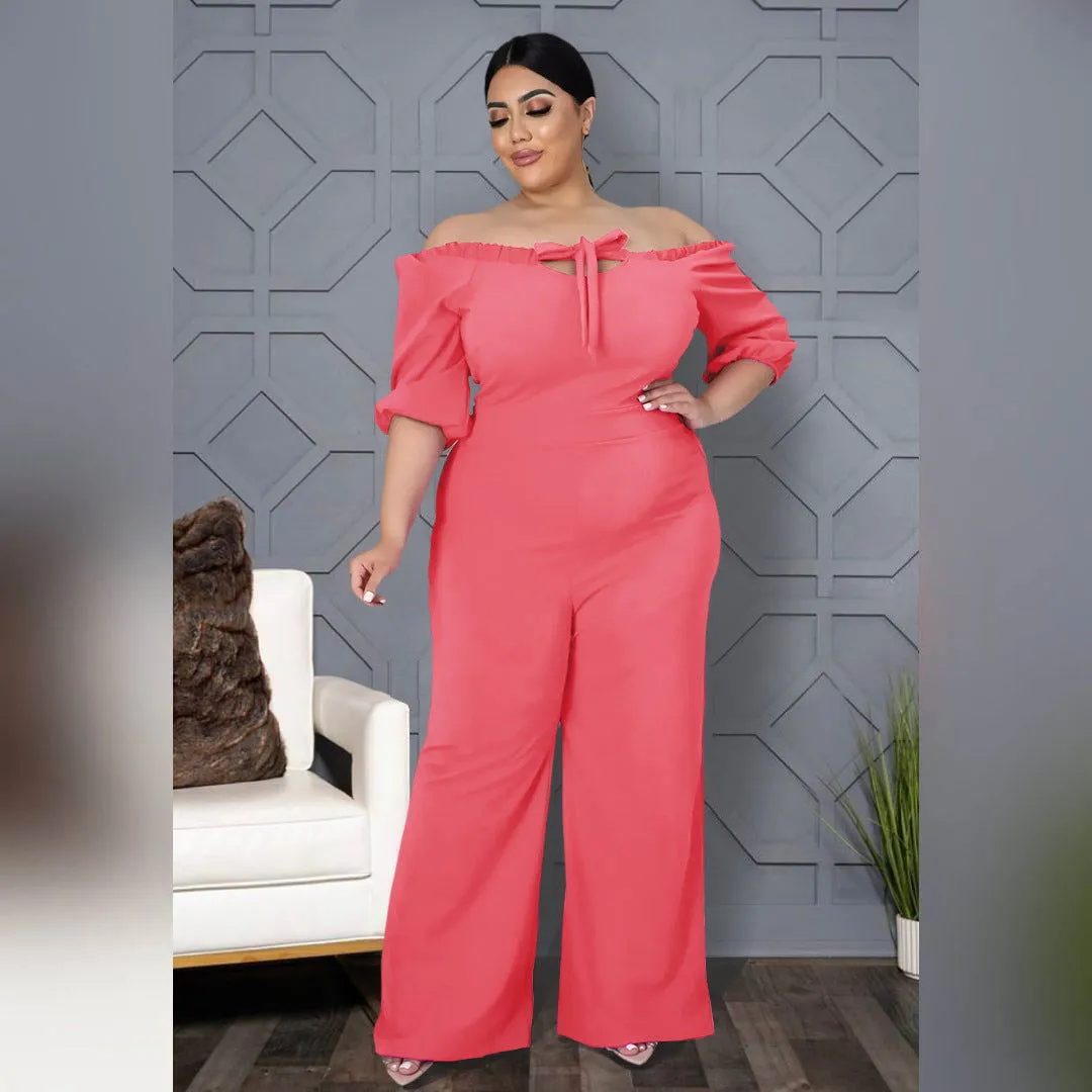 Off-Shoulder Tie Strap Wide-Leg Plus Size Jumpsuits