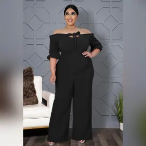 Off-Shoulder Tie Strap Wide-Leg Plus Size Jumpsuits