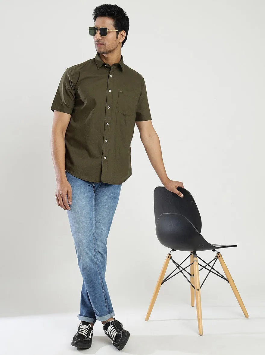 Olive Green Solid Smart Fit Semi Casual Shirt | Greenfibre