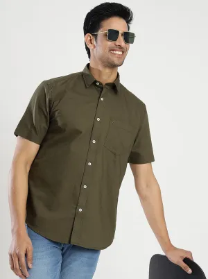 Olive Green Solid Smart Fit Semi Casual Shirt | Greenfibre