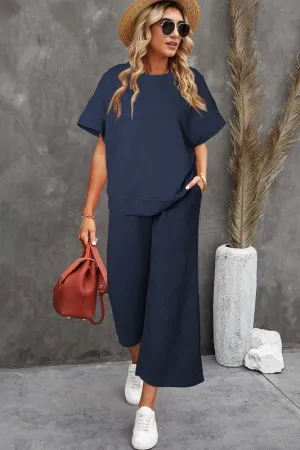 On Point Two Piece Textured Set Navy