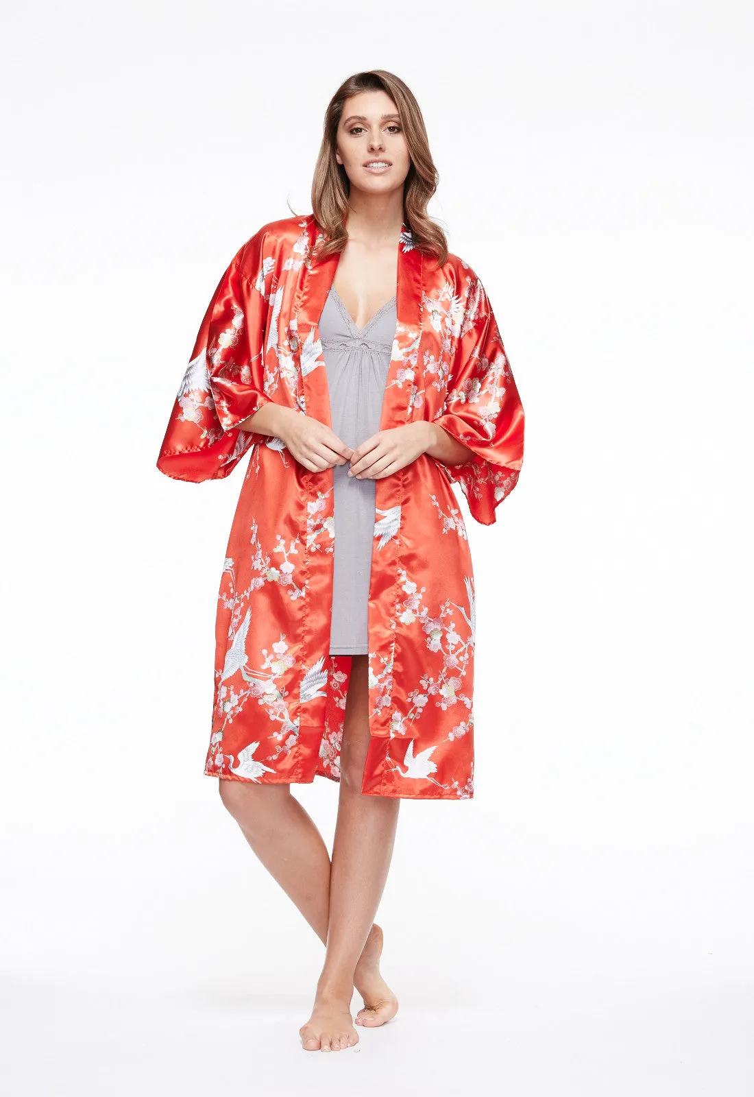 Plum & Crane Short Satin Kimono