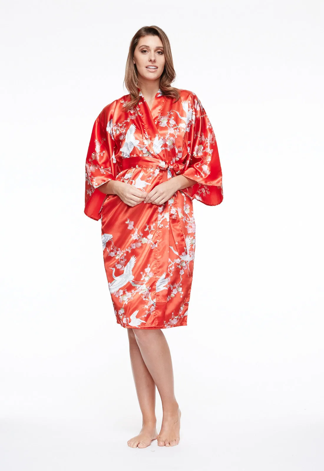 Plum & Crane Short Satin Kimono