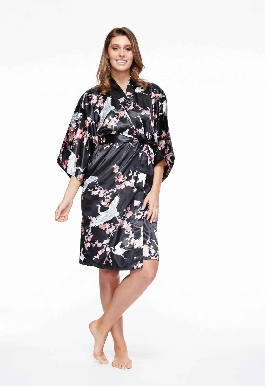 Plum & Crane Short Satin Kimono