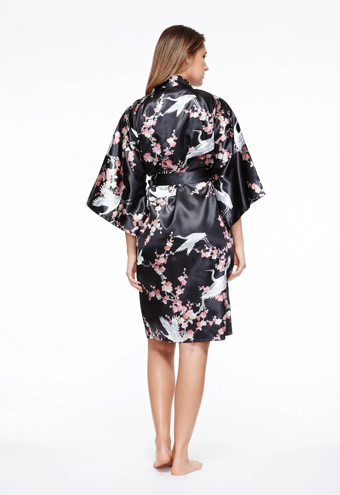 Plum & Crane Short Satin Kimono