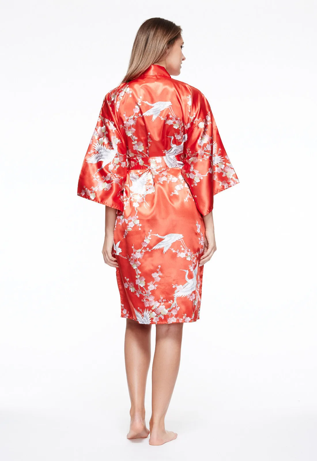 Plum & Crane Short Satin Kimono