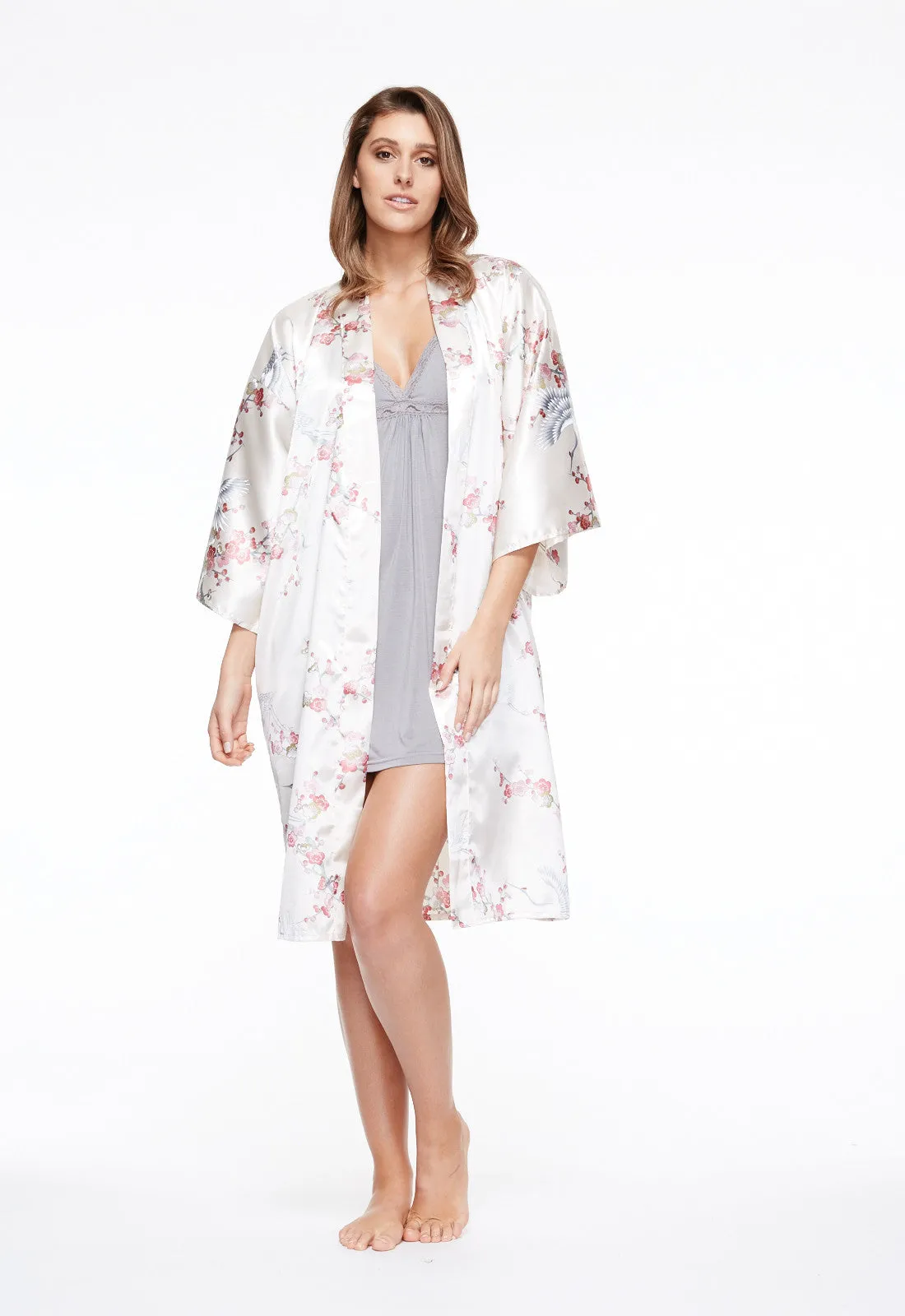 Plum & Crane Short Satin Kimono