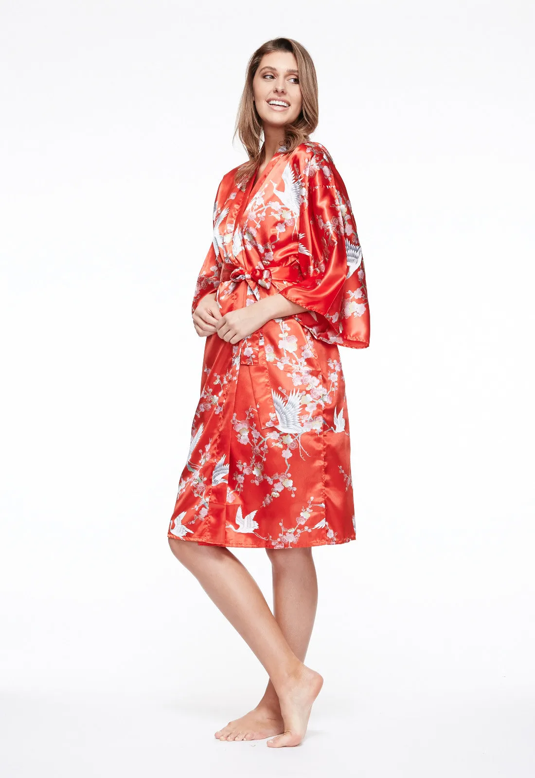 Plum & Crane Short Satin Kimono