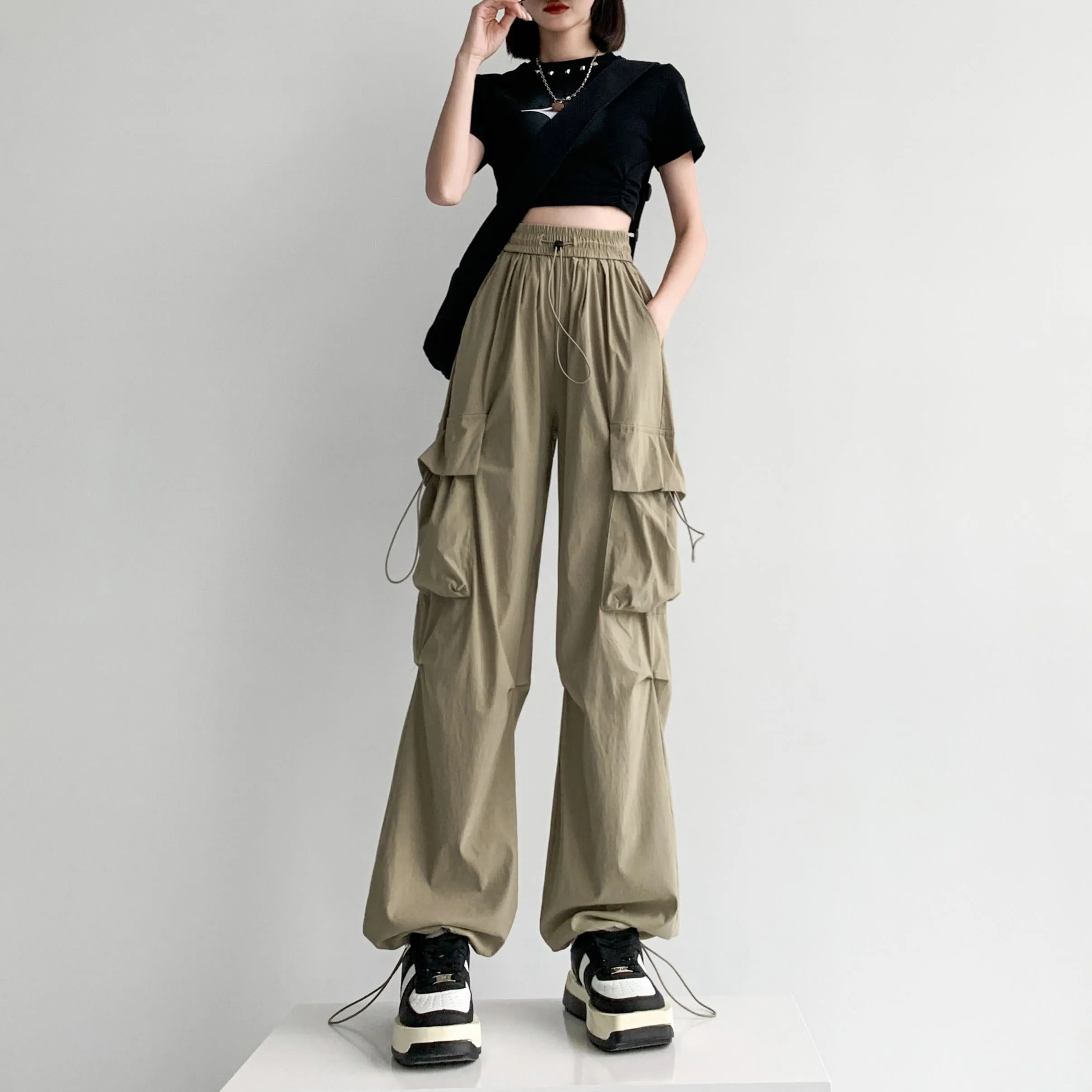 Quick-Drying Solid Color Thin High-Waisted Street Style Versatile Cargo Pants