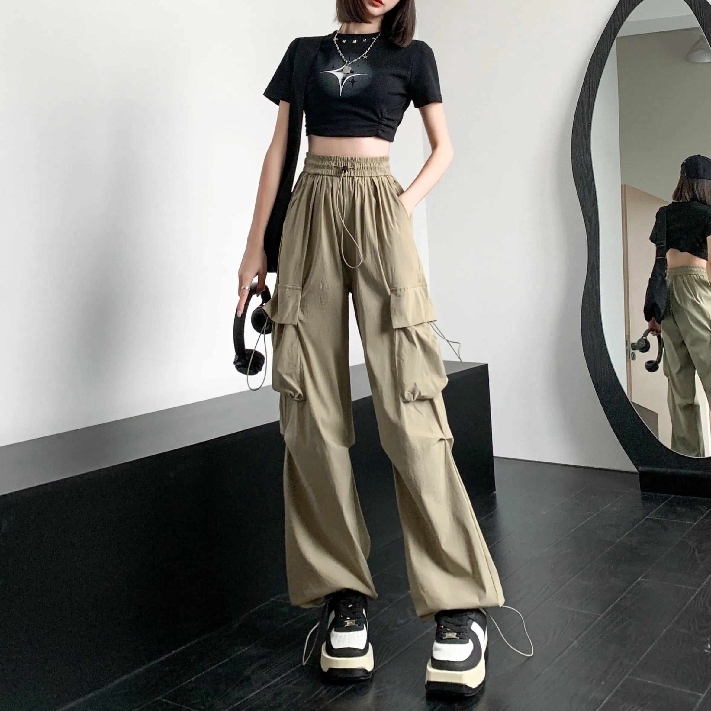 Quick-Drying Solid Color Thin High-Waisted Street Style Versatile Cargo Pants