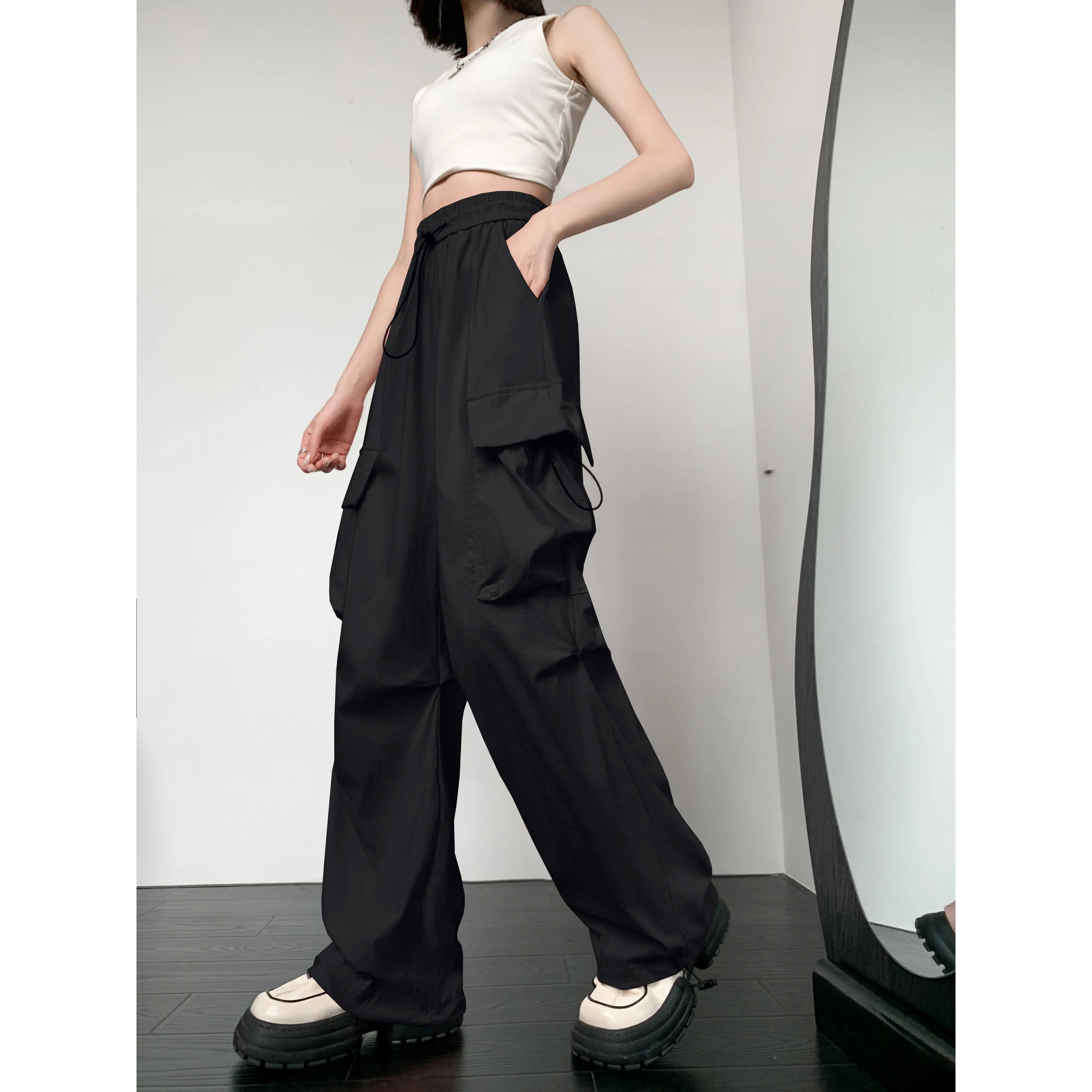 Quick-Drying Solid Color Thin High-Waisted Street Style Versatile Cargo Pants