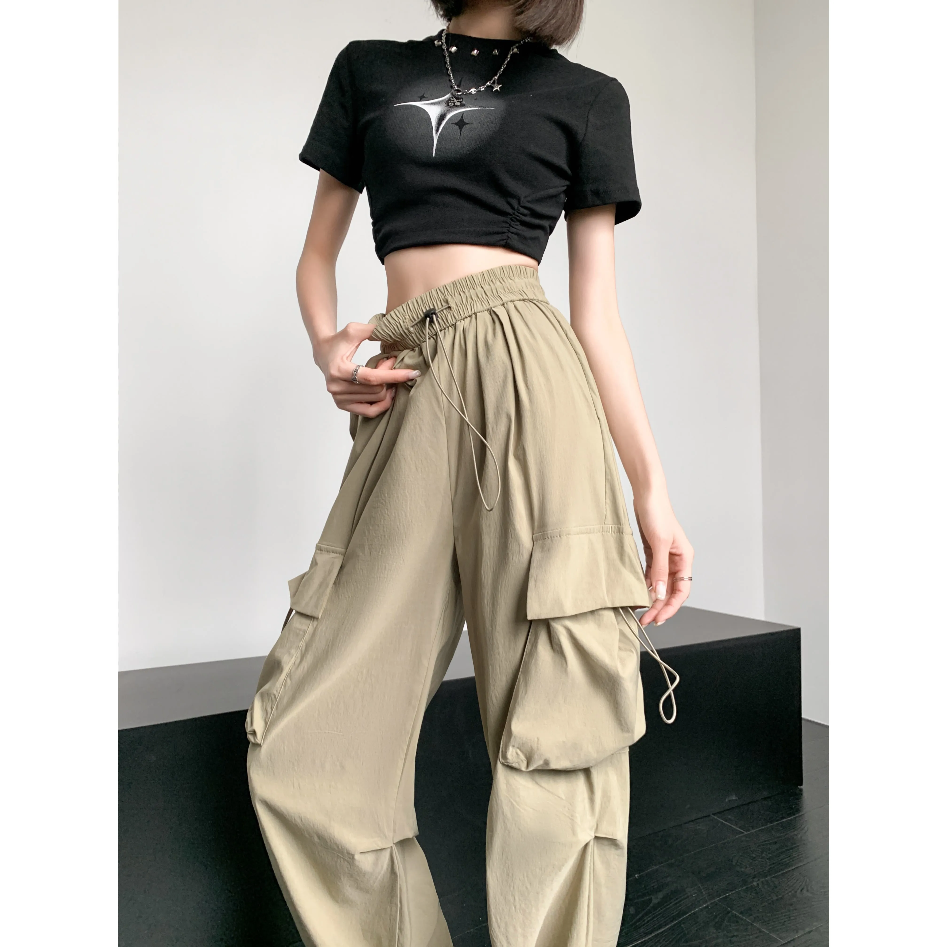 Quick-Drying Solid Color Thin High-Waisted Street Style Versatile Cargo Pants