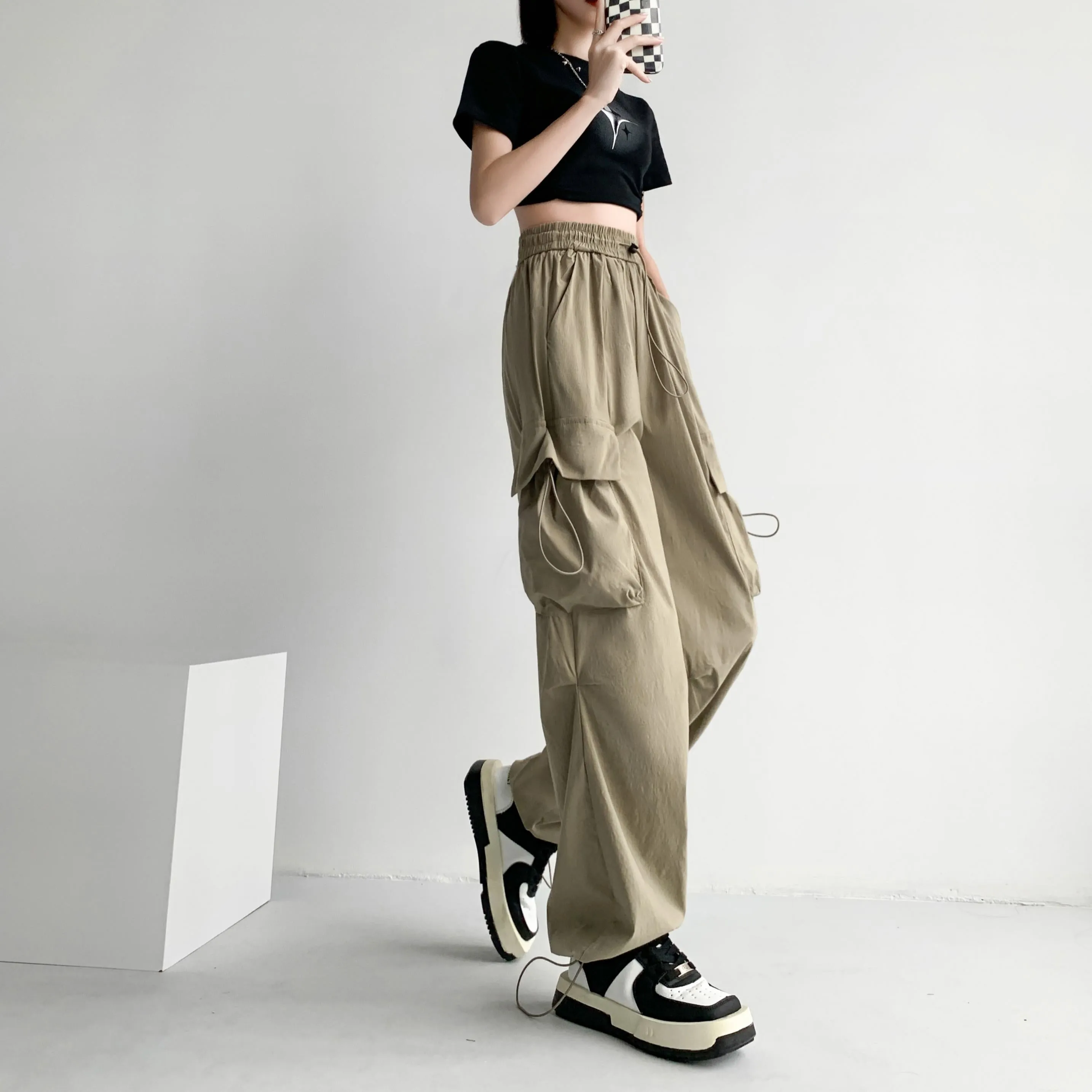 Quick-Drying Solid Color Thin High-Waisted Street Style Versatile Cargo Pants