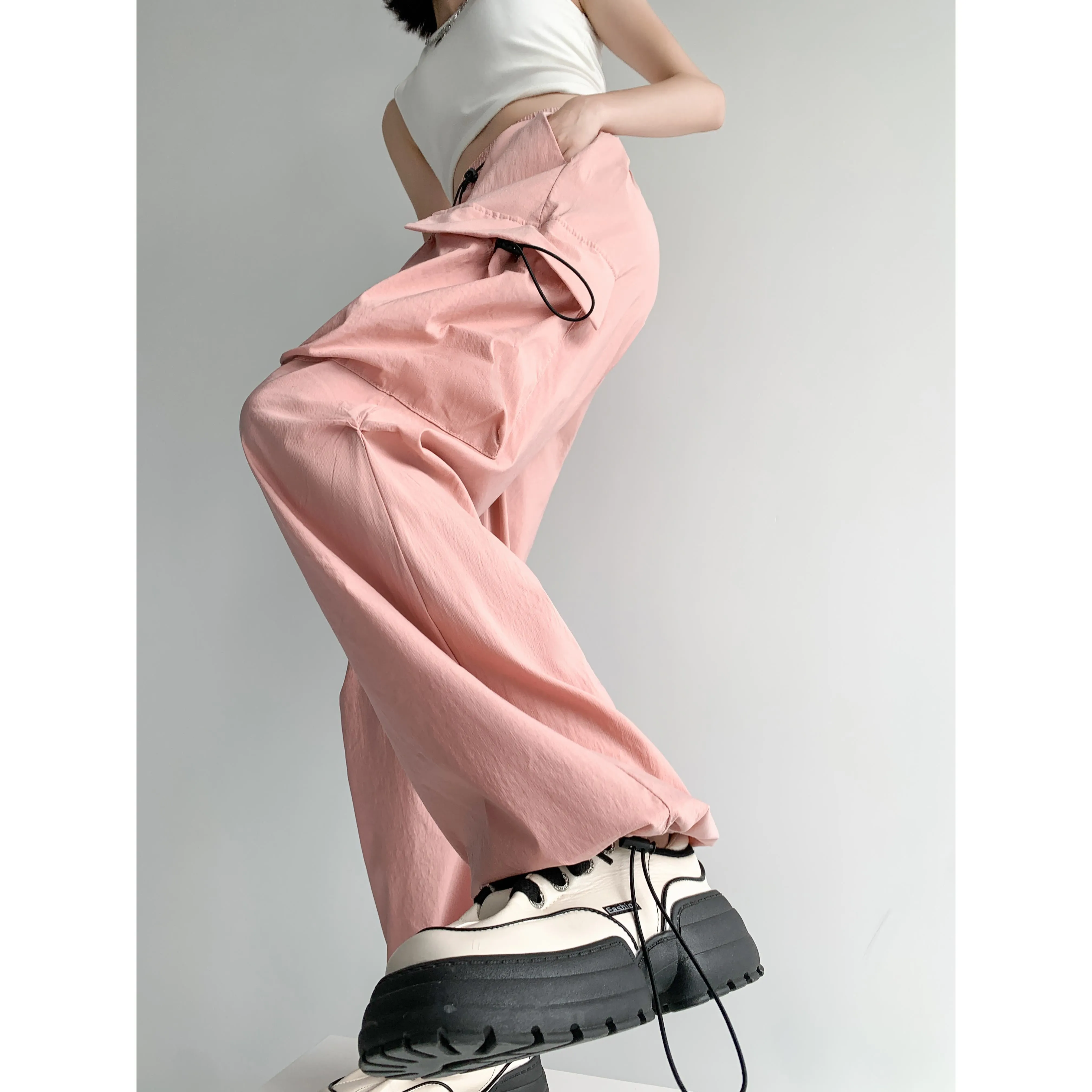 Quick-Drying Solid Color Thin High-Waisted Street Style Versatile Cargo Pants