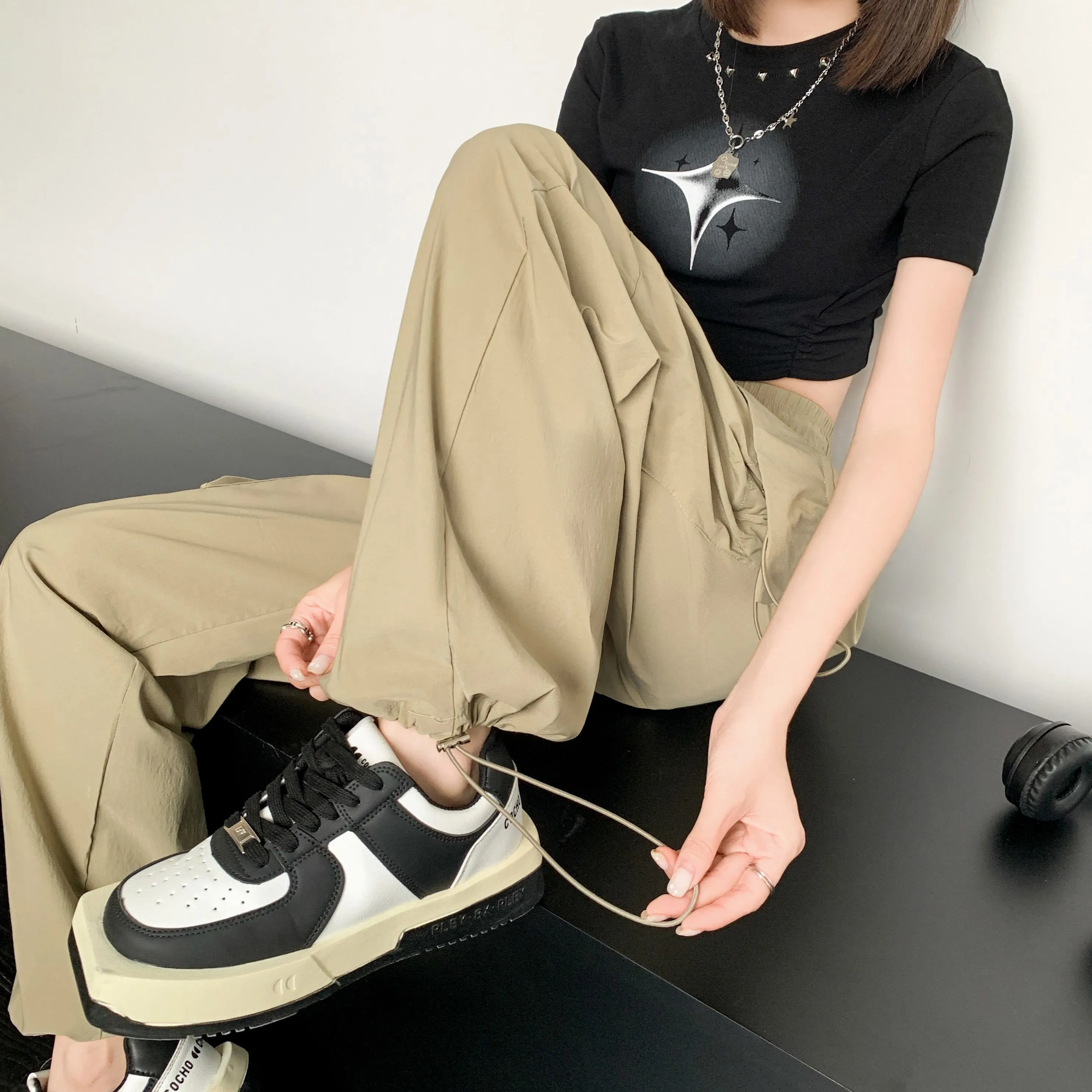 Quick-Drying Solid Color Thin High-Waisted Street Style Versatile Cargo Pants