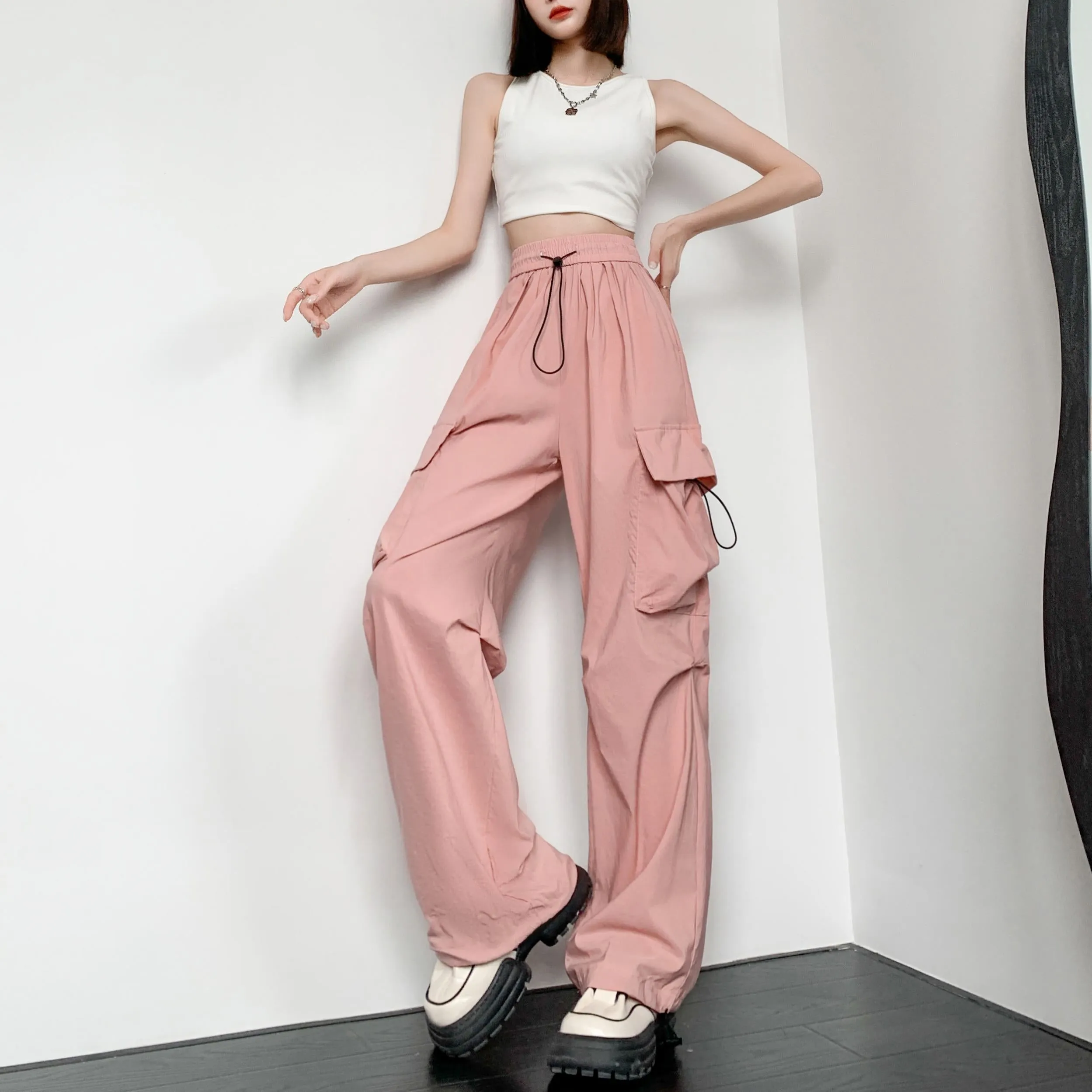 Quick-Drying Solid Color Thin High-Waisted Street Style Versatile Cargo Pants