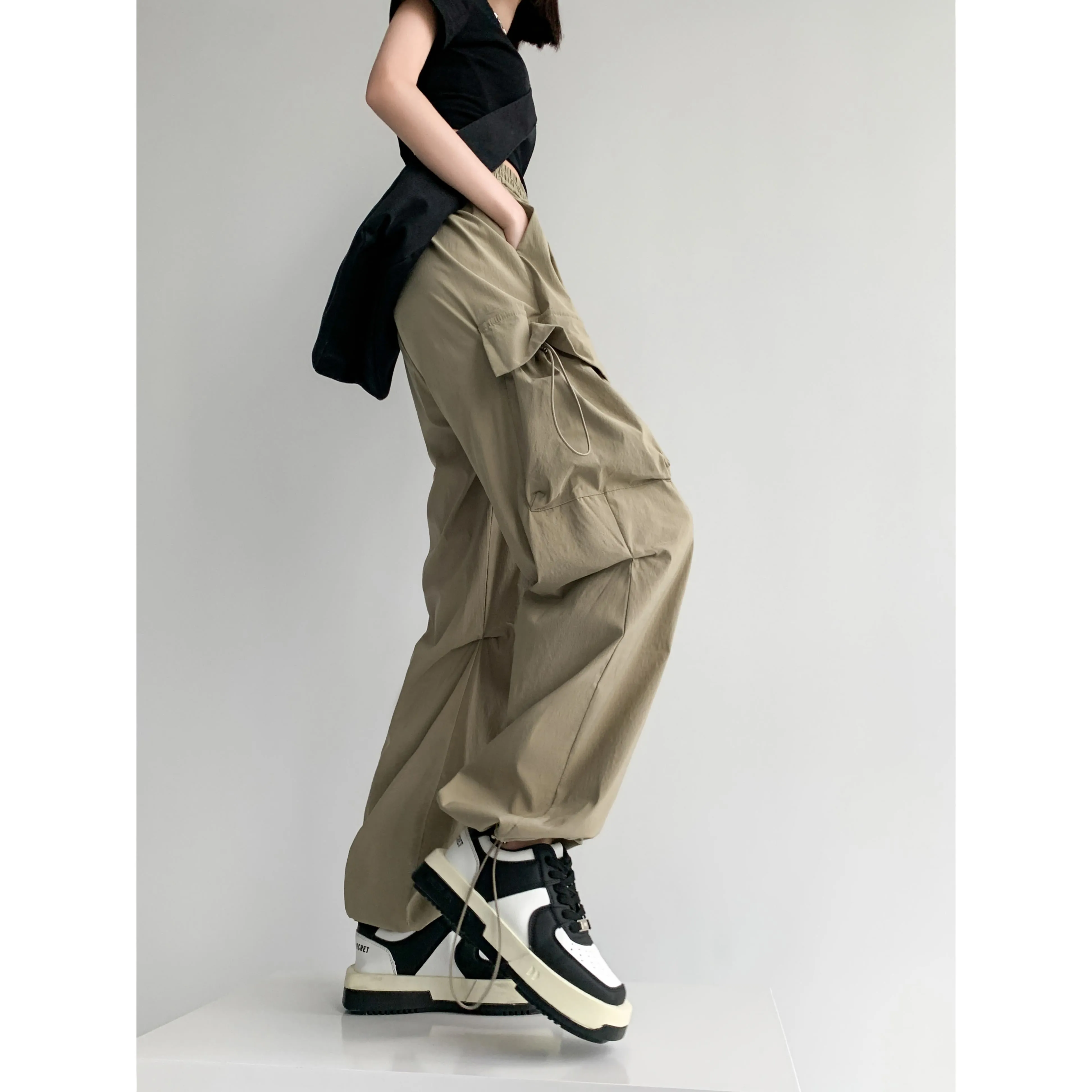 Quick-Drying Solid Color Thin High-Waisted Street Style Versatile Cargo Pants