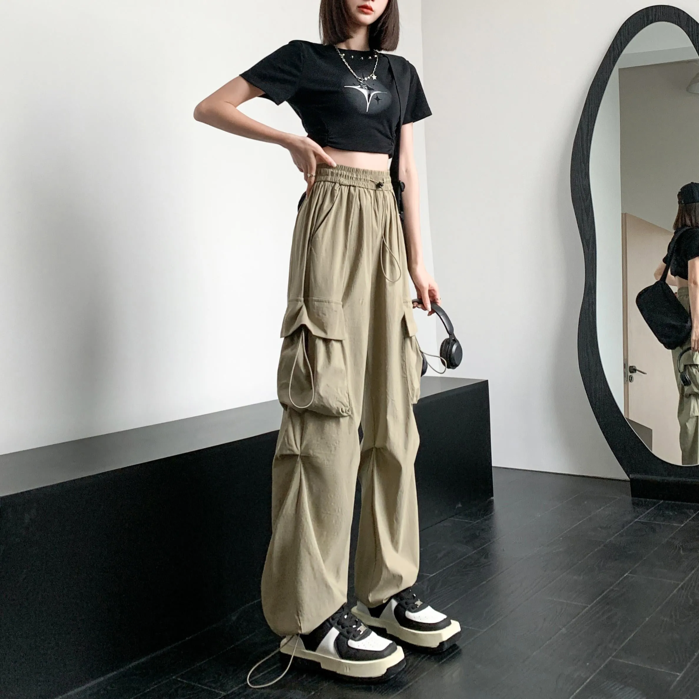 Quick-Drying Solid Color Thin High-Waisted Street Style Versatile Cargo Pants