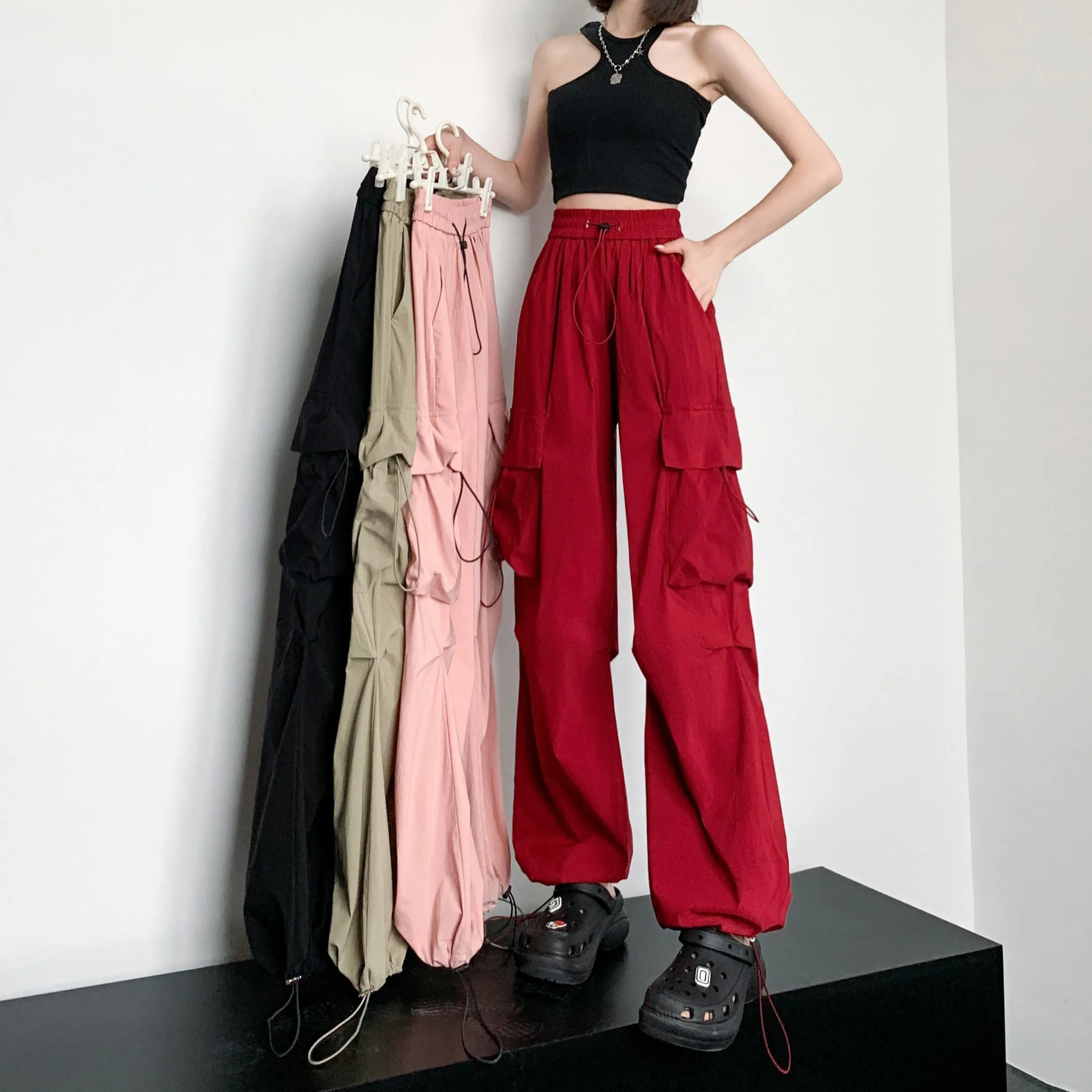 Quick-Drying Solid Color Thin High-Waisted Street Style Versatile Cargo Pants