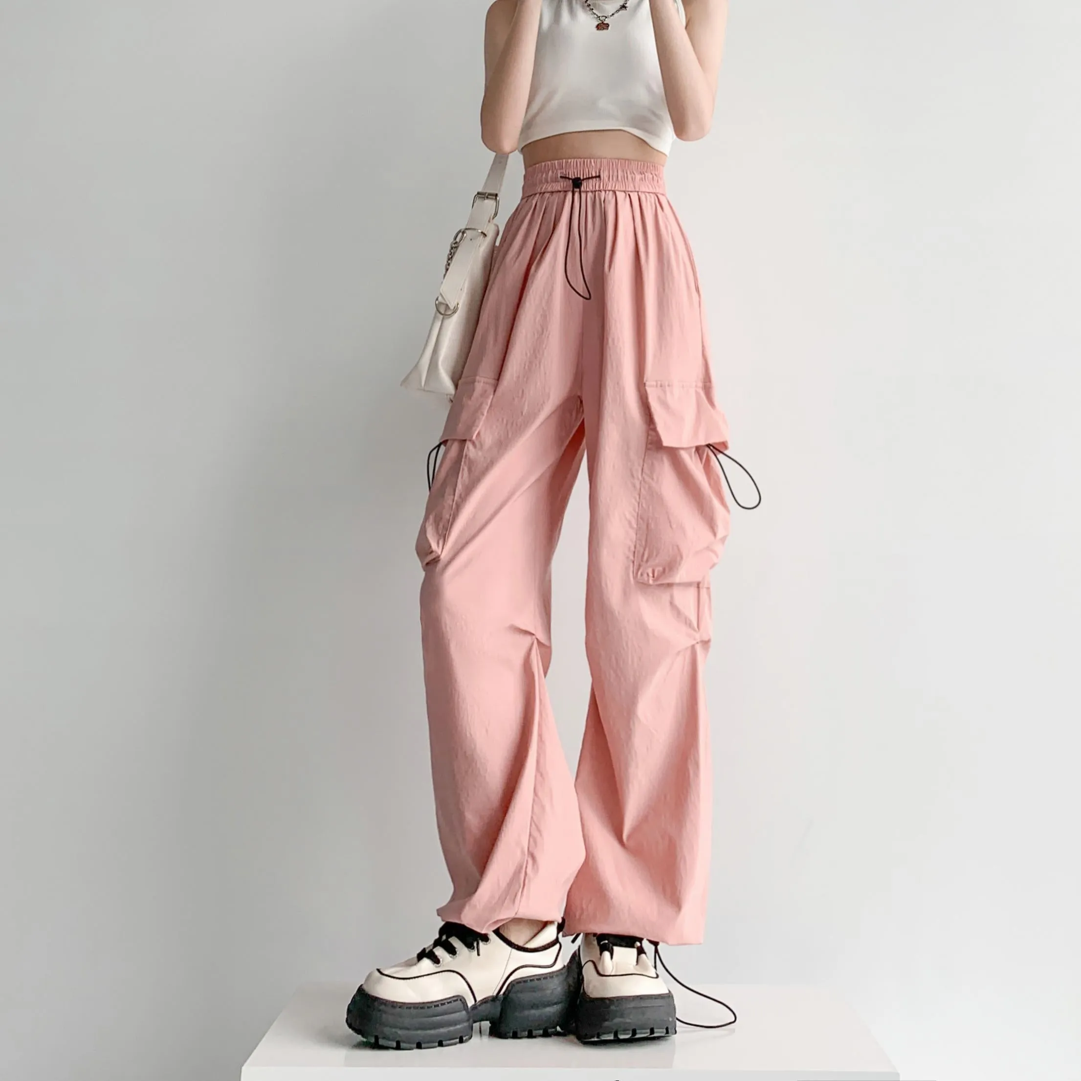 Quick-Drying Solid Color Thin High-Waisted Street Style Versatile Cargo Pants