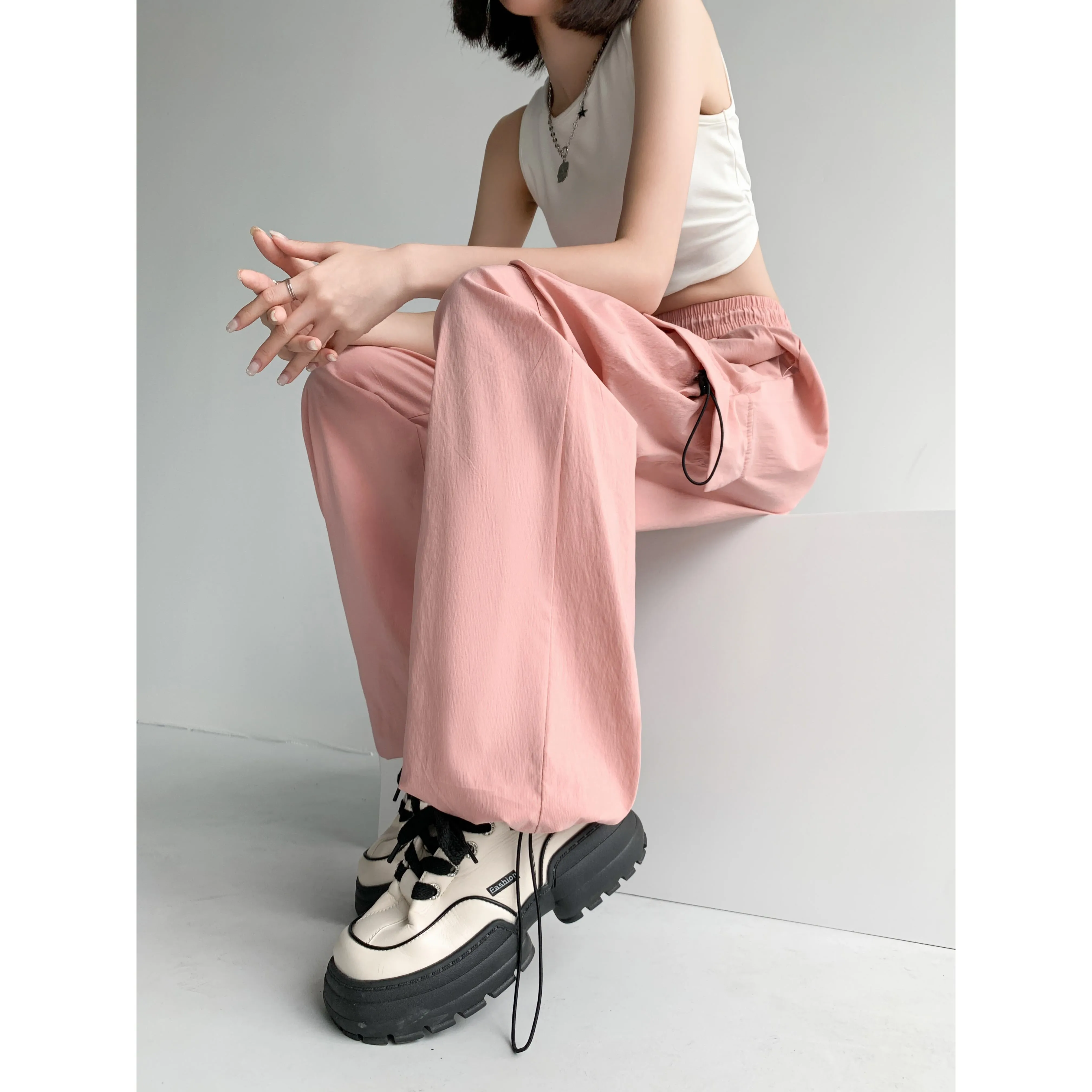 Quick-Drying Solid Color Thin High-Waisted Street Style Versatile Cargo Pants