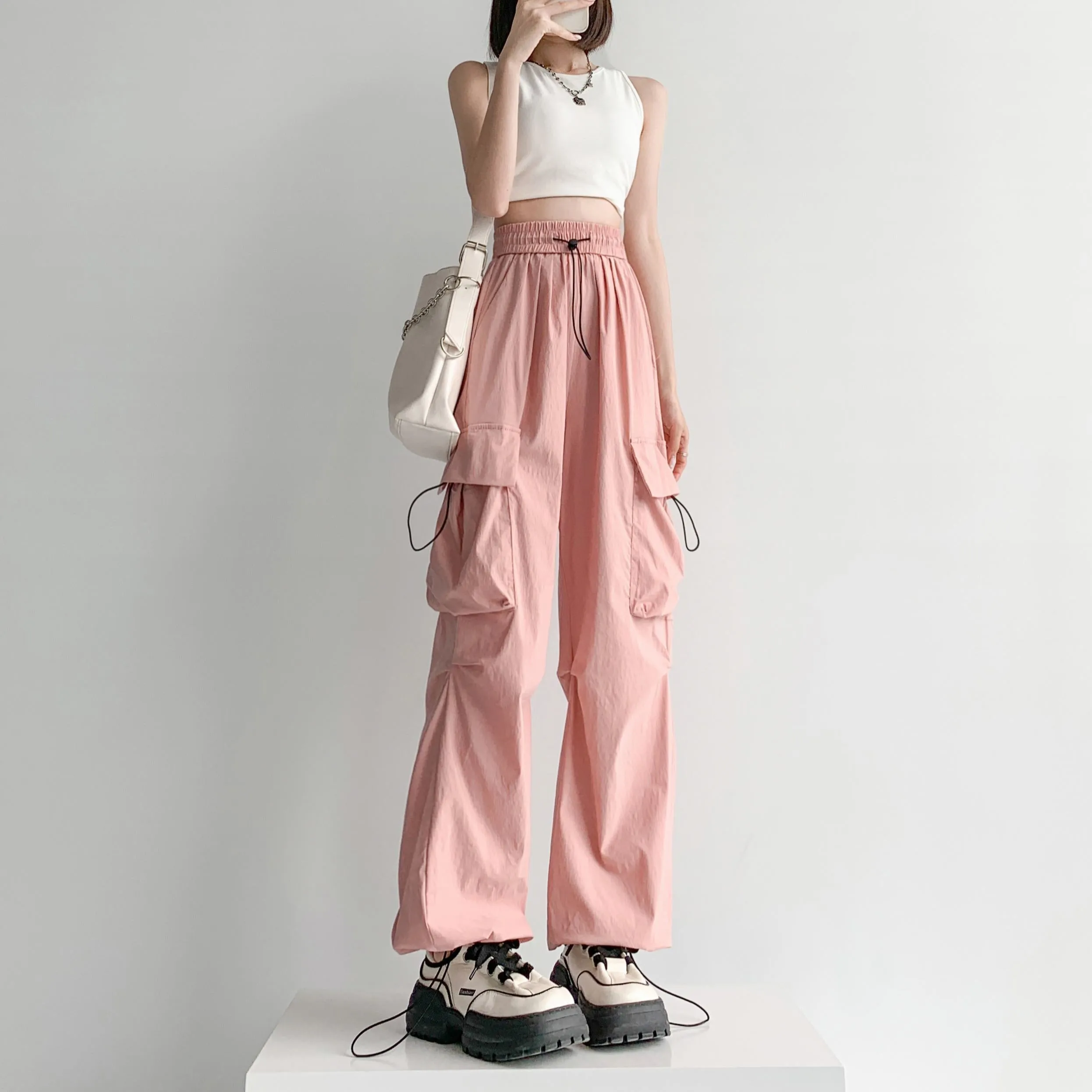 Quick-Drying Solid Color Thin High-Waisted Street Style Versatile Cargo Pants