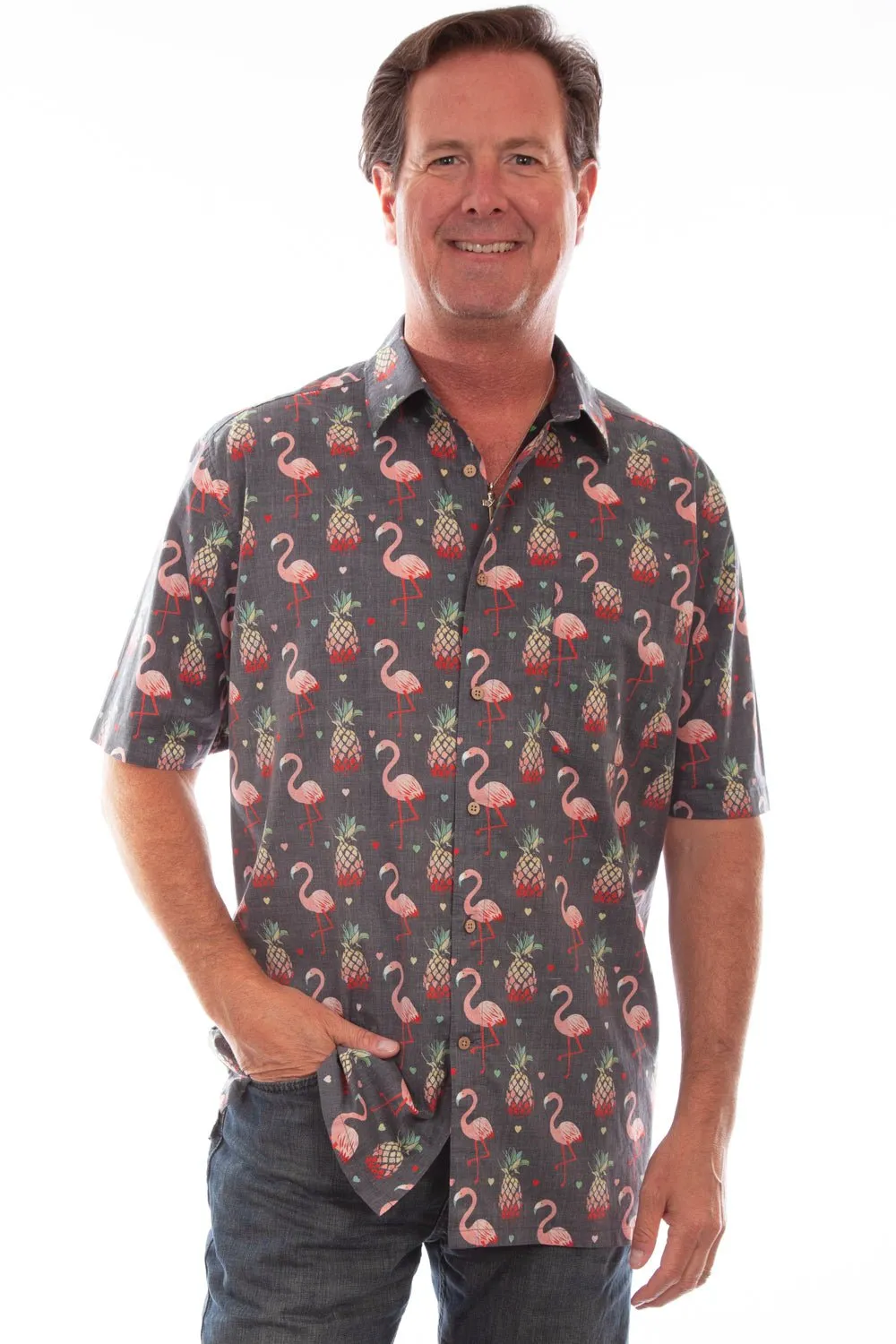 Scully Mens Black 100% Cotton Hawaiian Flamingo S/S Shirt XL