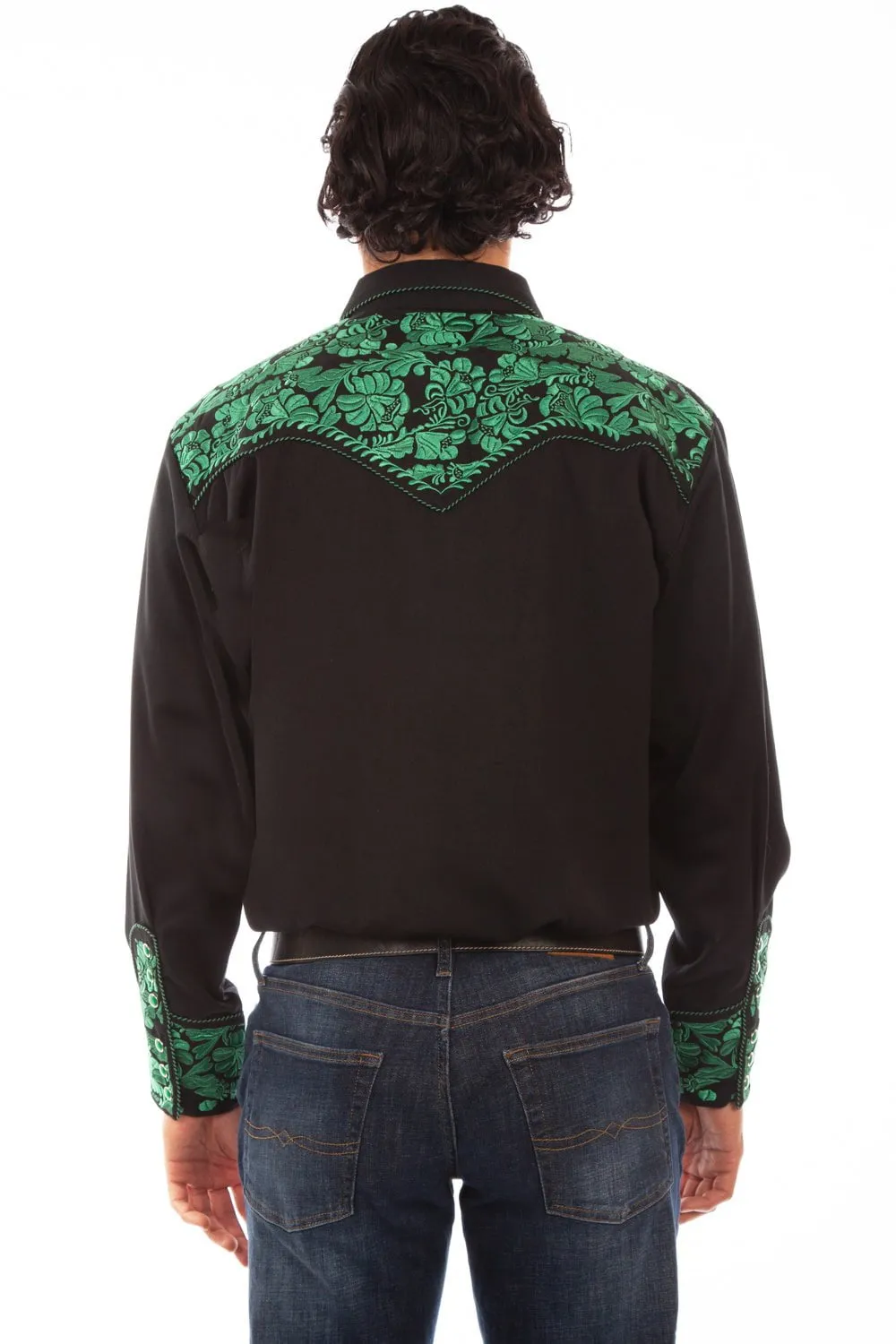 Scully Mens Emerald Poly/Rayon Floral Tooled L/S Shirt XS