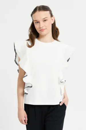 Senior Girls White Ruffled Sleeve Top With Black Tape