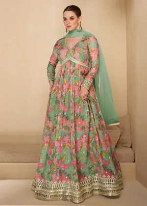 Sequins Work Embroidered Green Wedding Anarkali Gown