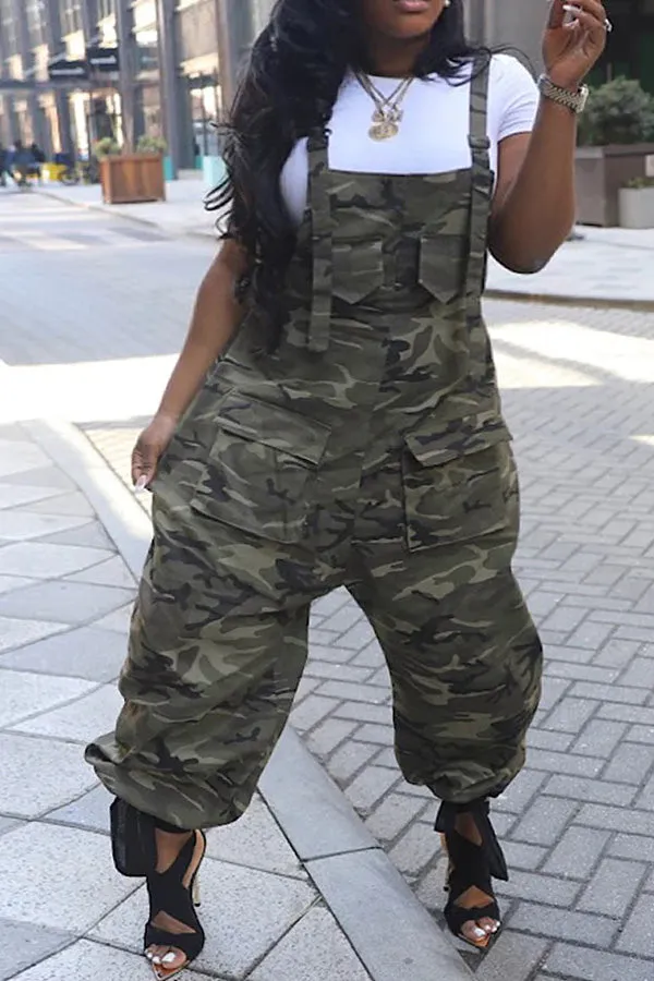 Stylish Camo Print Flap Pocket Jumpsuit