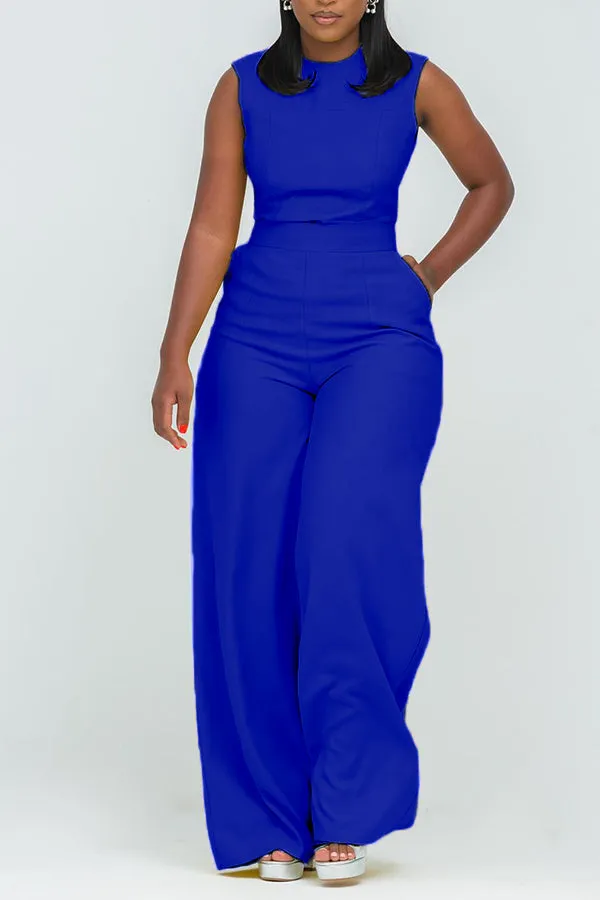 Stylish Round Neck Slant Pocket Jumpsuit