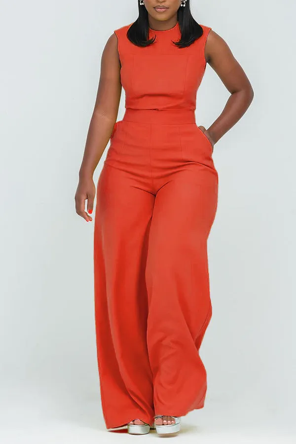 Stylish Round Neck Slant Pocket Jumpsuit