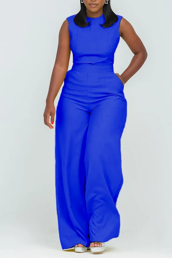 Stylish Round Neck Slant Pocket Jumpsuit