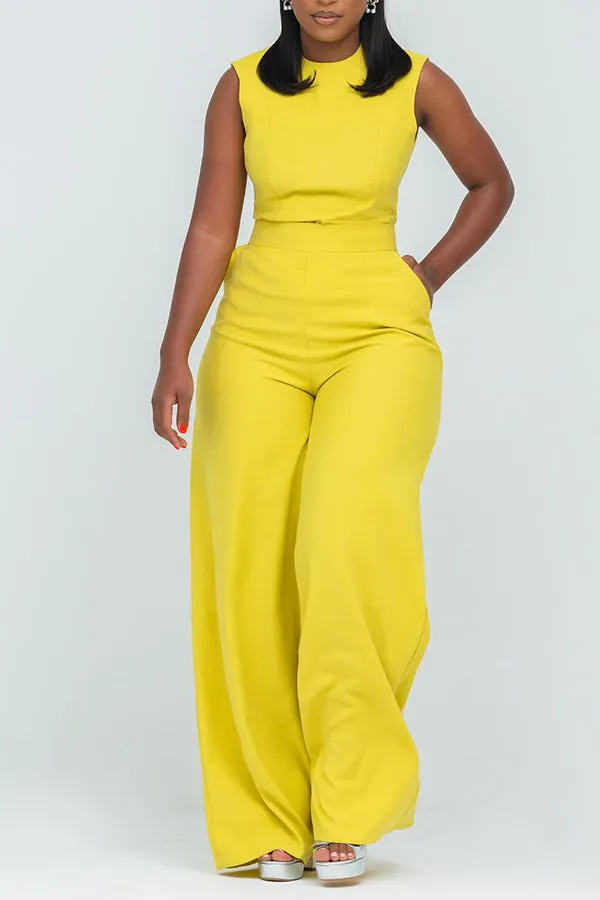 Stylish Round Neck Slant Pocket Jumpsuit