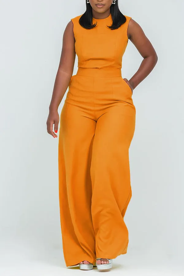 Stylish Round Neck Slant Pocket Jumpsuit