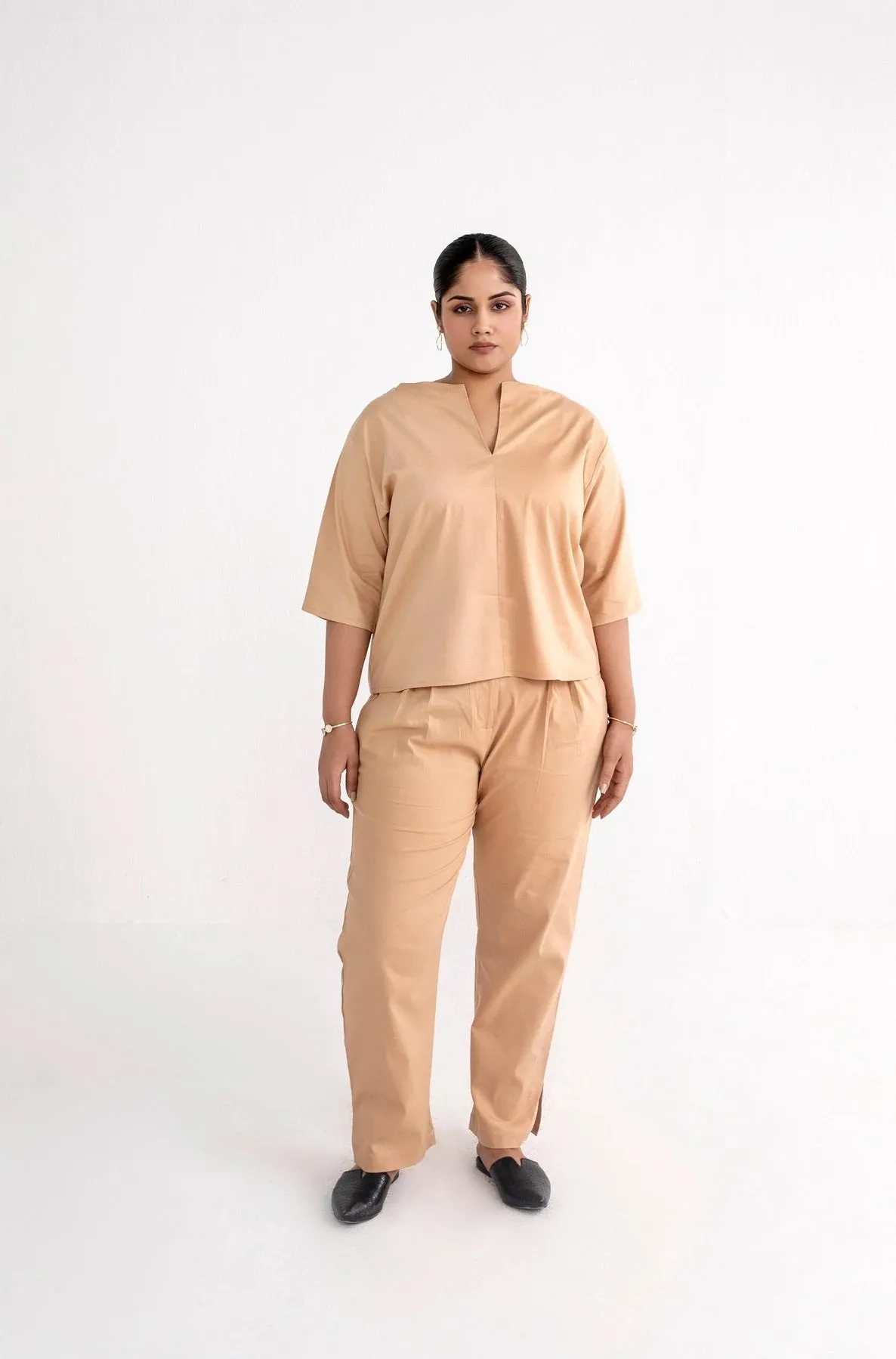 Tan Brown Relaxed V-neck Coord Set for women