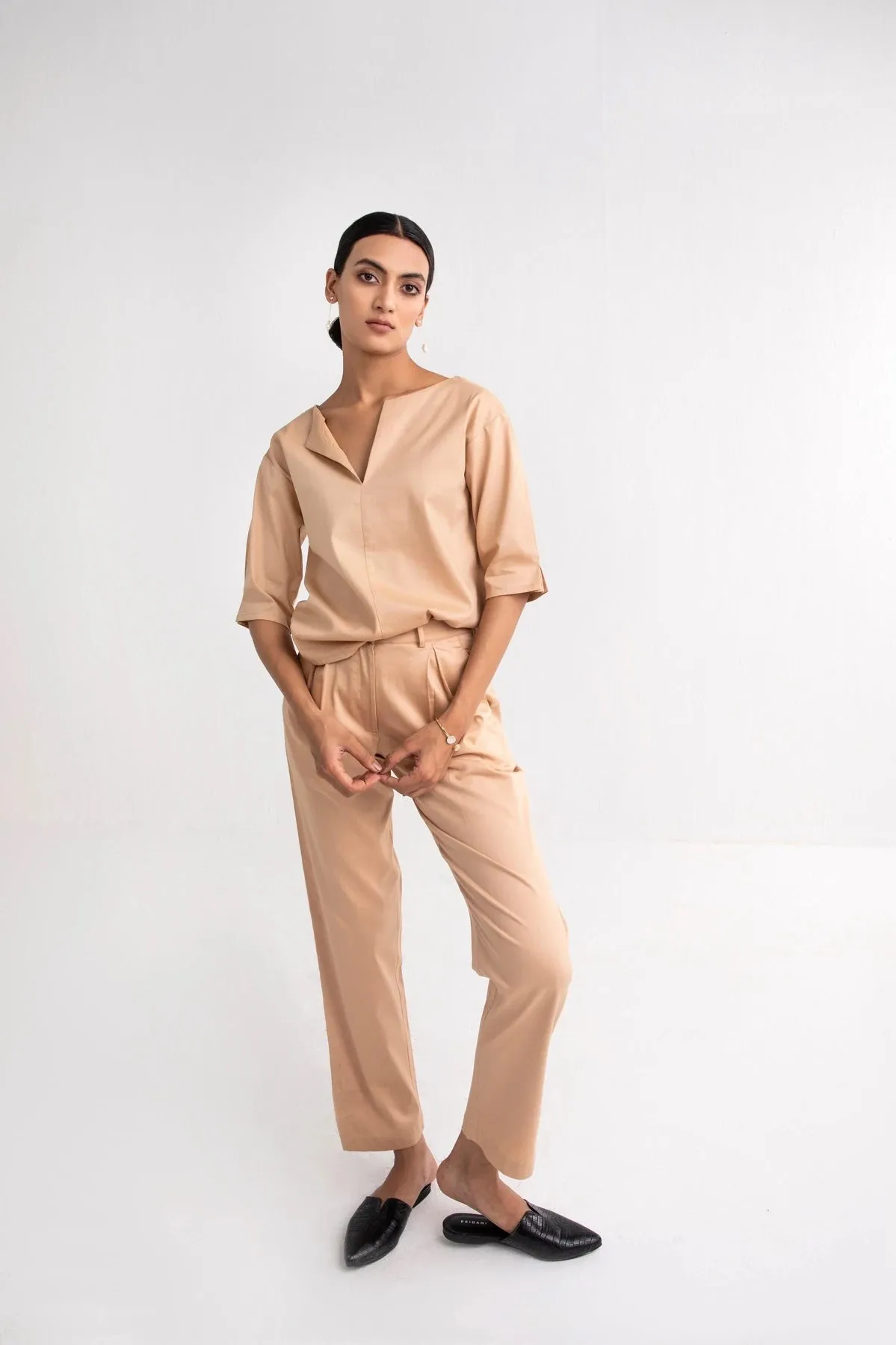 Tan Brown Relaxed V-neck Coord Set for women