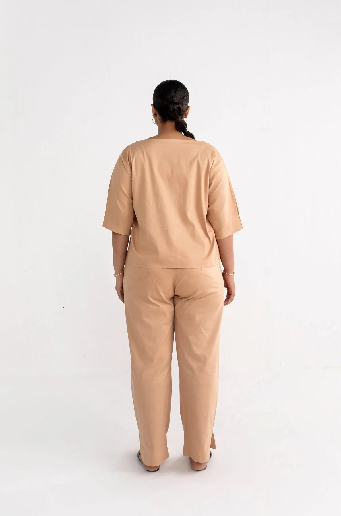 Tan Brown Relaxed V-neck Coord Set for women