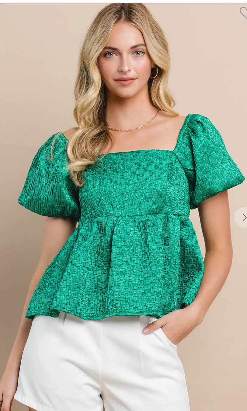 Textured Green Puff Sleeve Top