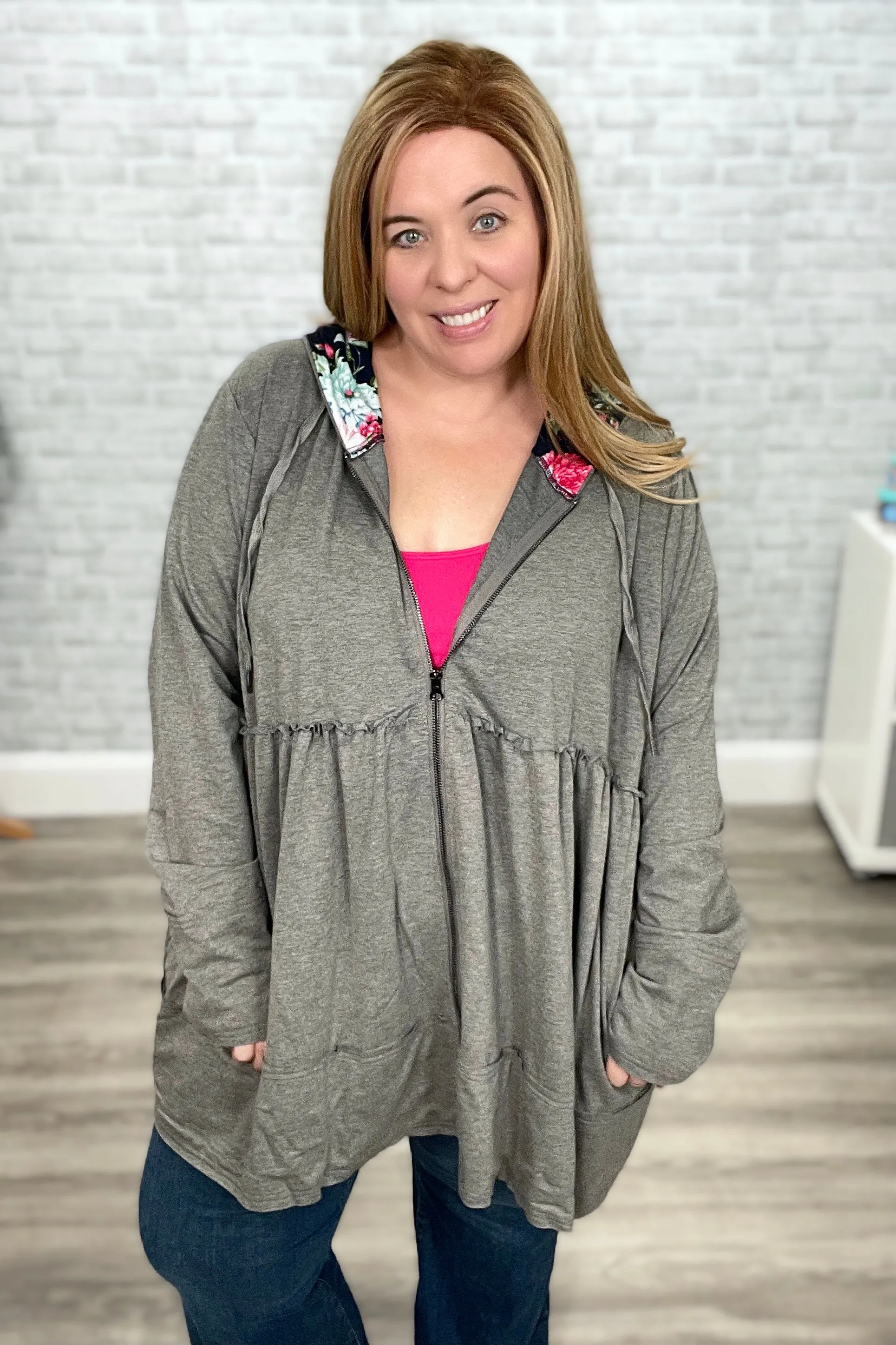 Tiered Heather Gray and Floral Jacket Hoodie by Vivette