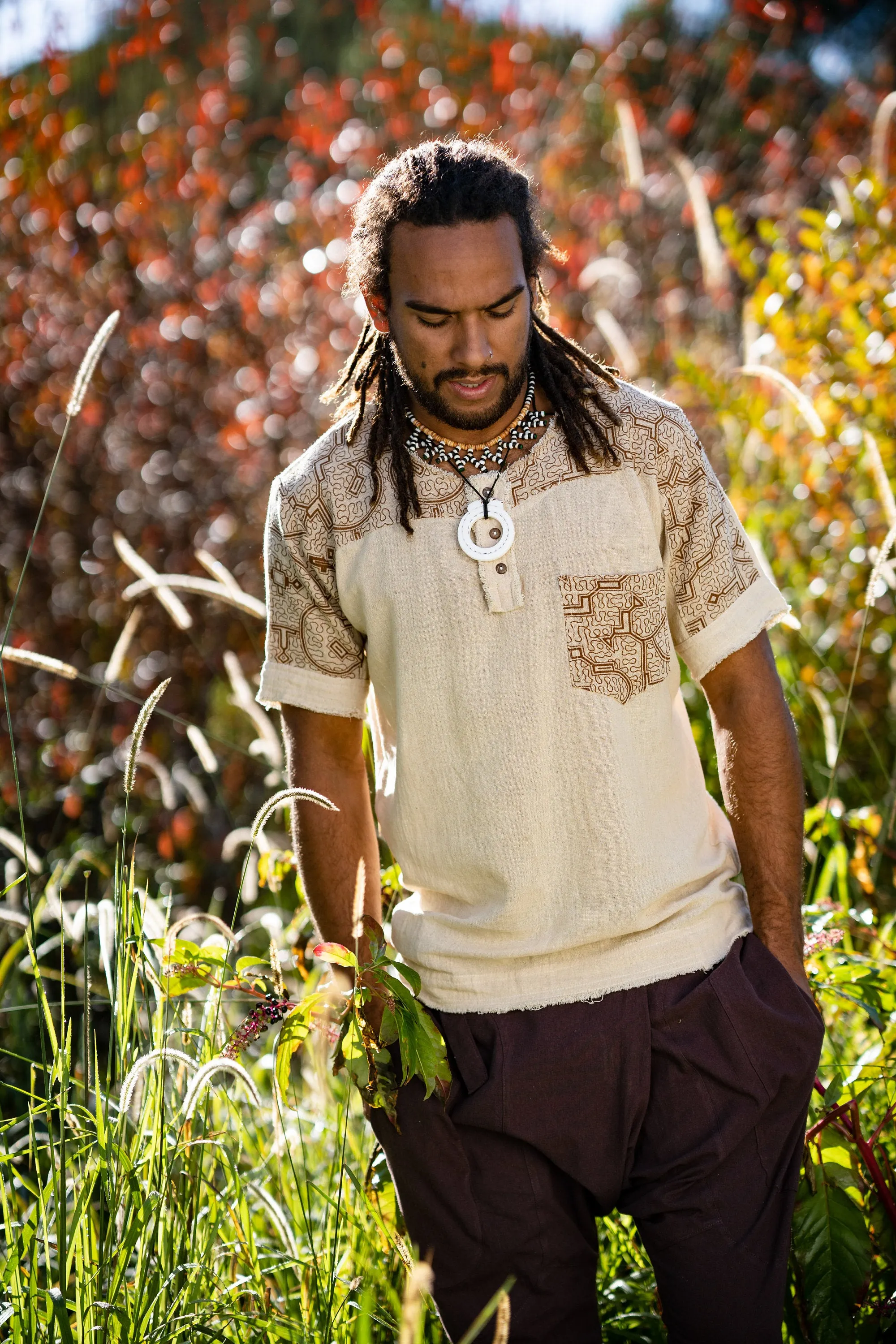 Tribal Shirt Mens ASURA Festival Top Beige Brown Sacred Plant Shipibo Pattern Pocket Ethnic T Shirt Shamanic Neo Tribal Gypsy Ritual Shaman Ethnic Handmade AJJAYA