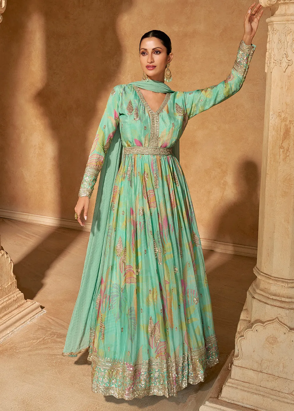 Turquoise Digital Printed Embroidered Chinnon Silk Anarkali Gown